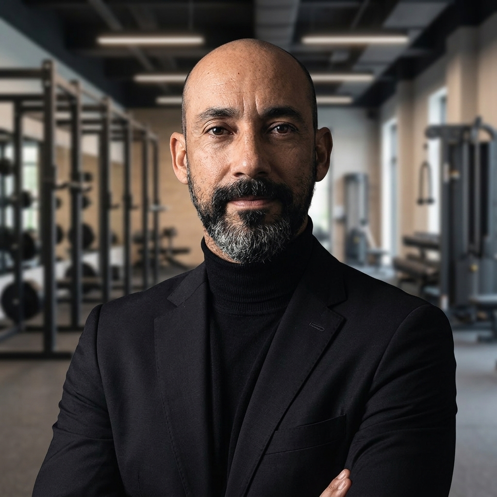 Professor Cleverson Costa sorrindo em um ambiente esportivo moderno