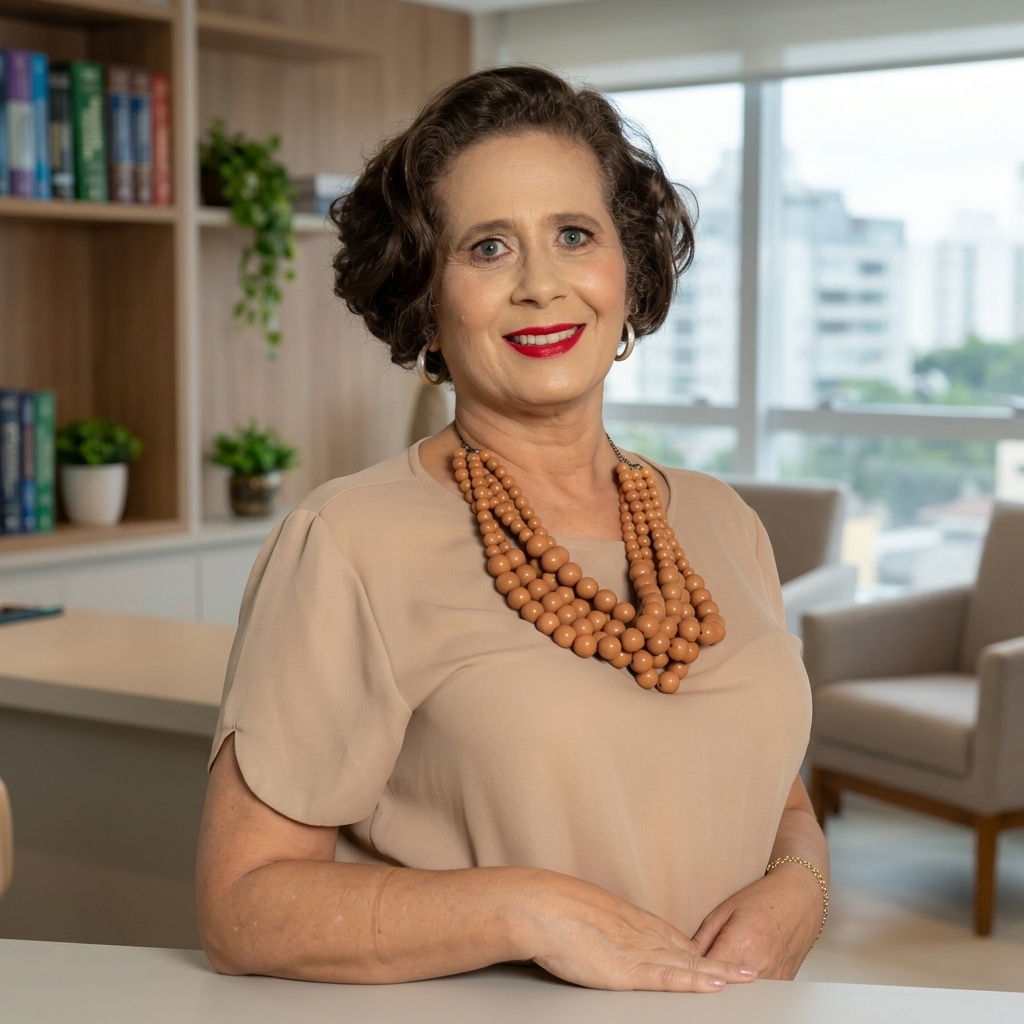 Dra. Zilá Menezes de Santana Abdala sorrindo, jaleco branco, em seu consultório